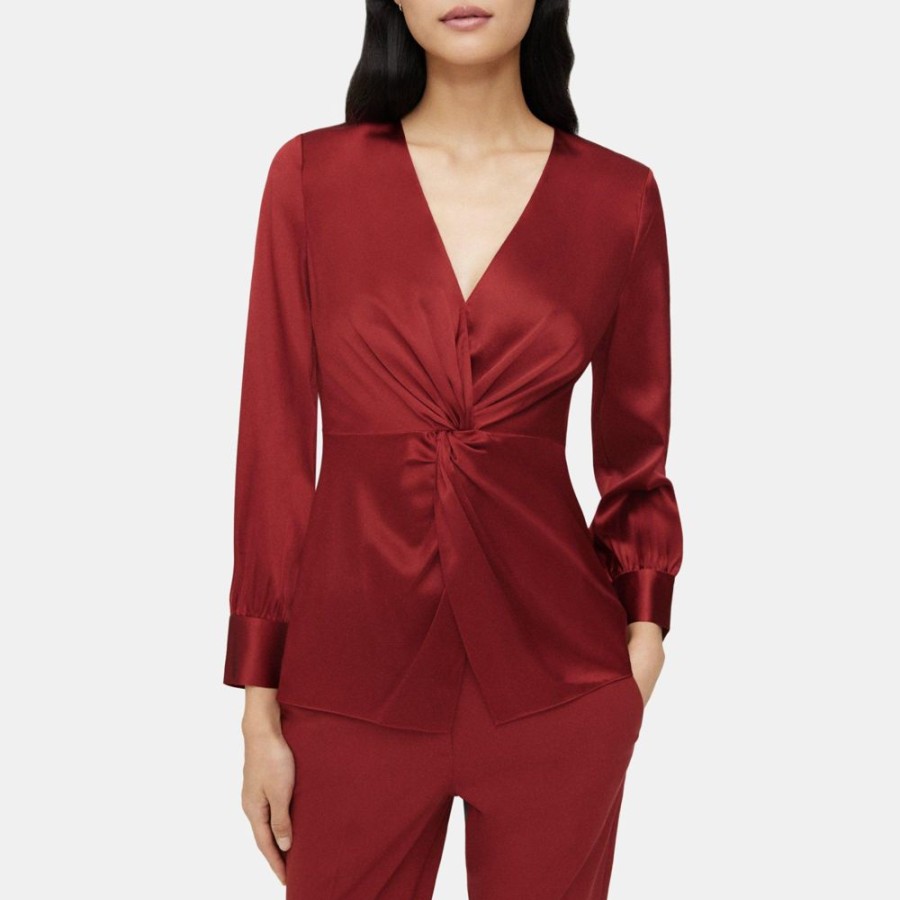 Women Theory Outlet | Twist Blouse In Stretch Silk Satin Red Dahlia