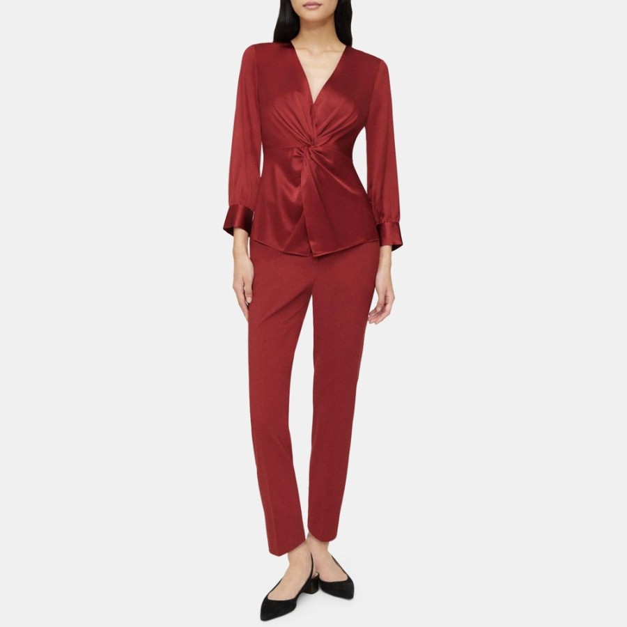 Women Theory Outlet | Twist Blouse In Stretch Silk Satin Red Dahlia