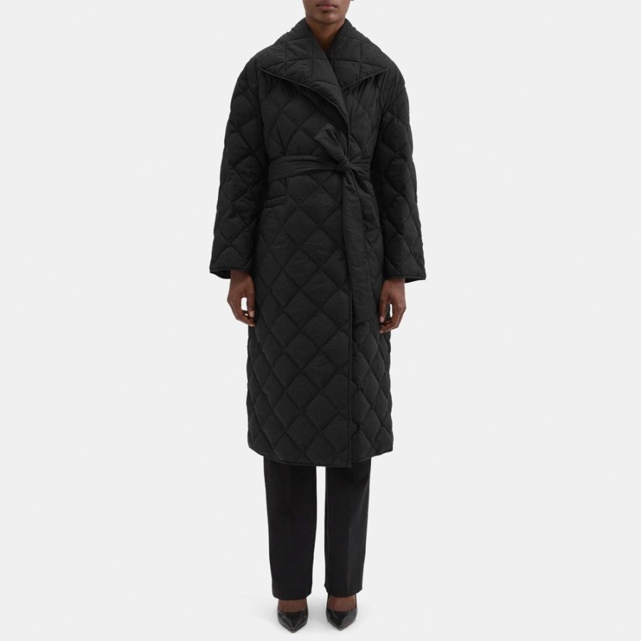 Women Theory Outlet | Wrap Puffer Coat In Crinkle Nylon Black