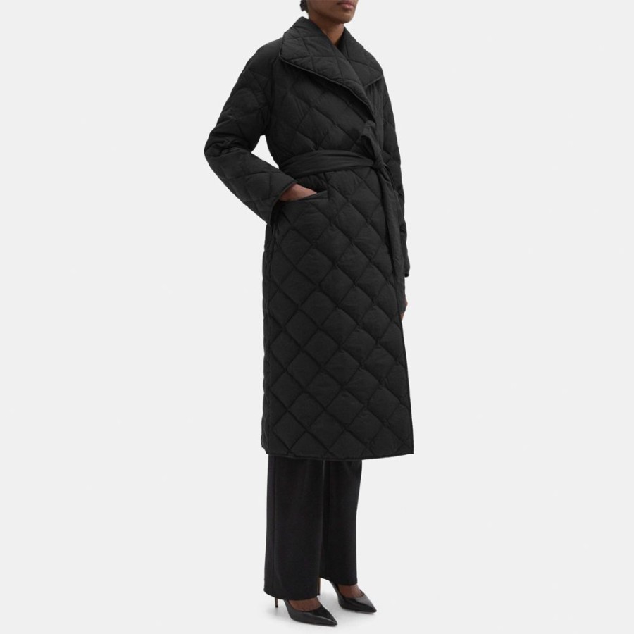 Women Theory Outlet | Wrap Puffer Coat In Crinkle Nylon Black