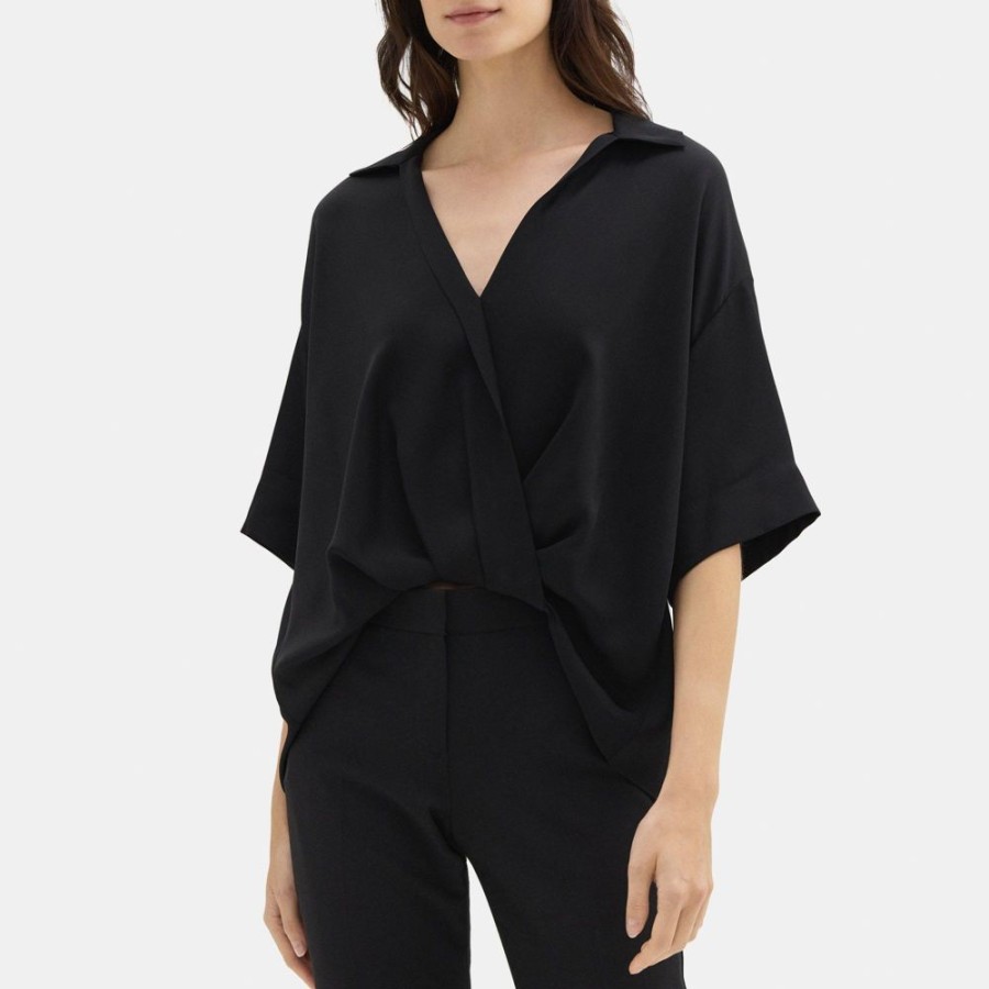 Women Theory Outlet | Twisted Short-Sleeve Blouse In Silk Georgette Black