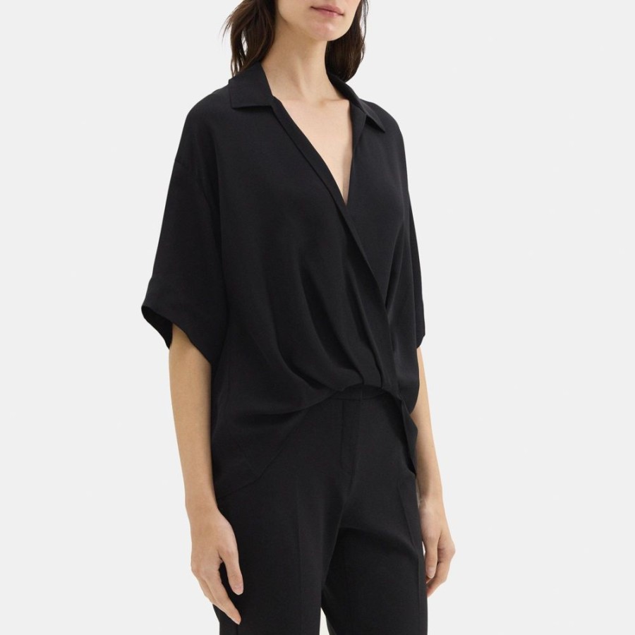 Women Theory Outlet | Twisted Short-Sleeve Blouse In Silk Georgette Black