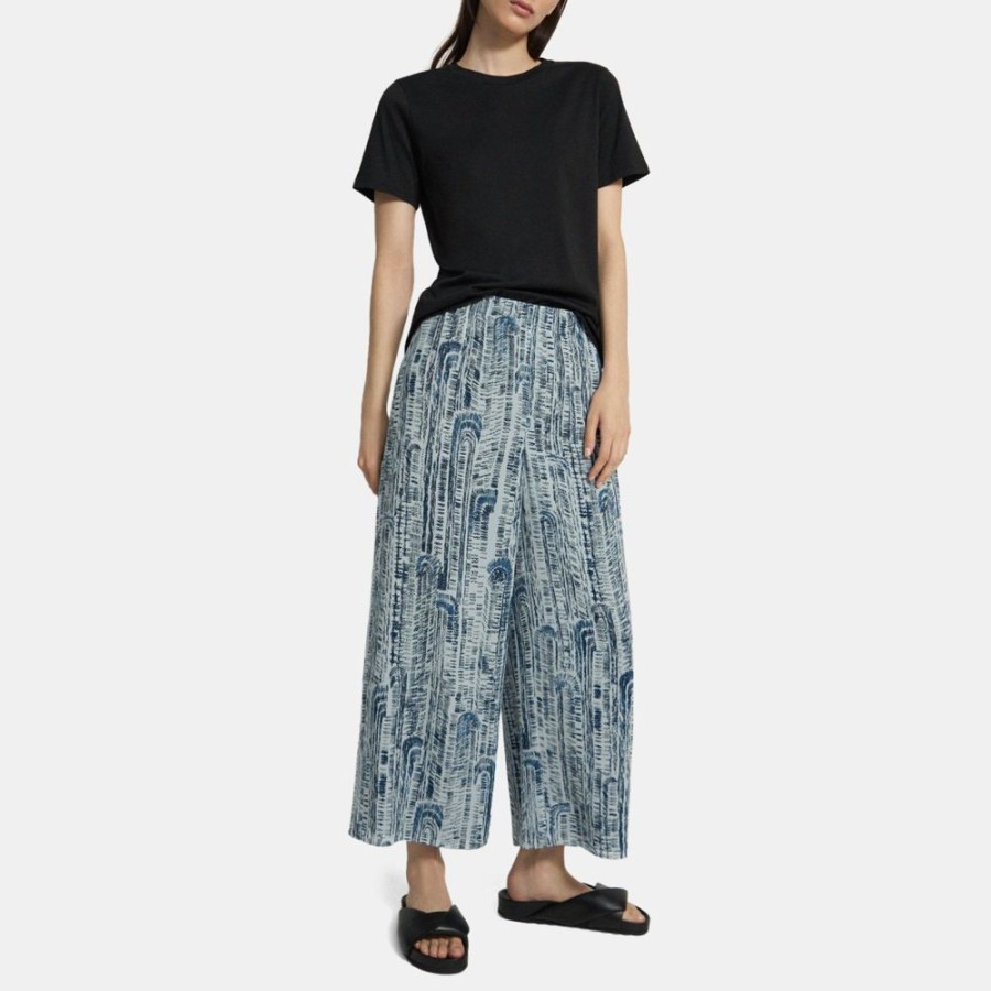 Women Theory Outlet | Easy Wide Pull-On Pant In Block Printed Silk Teal Multi