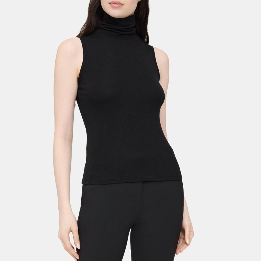 Women Theory Outlet | Sleeveless Turtleneck Top In Rib Knit Viscose Black