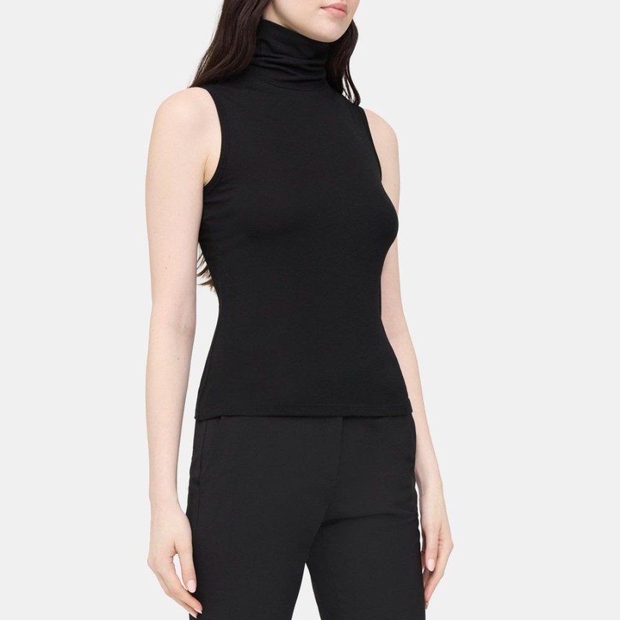 Women Theory Outlet | Sleeveless Turtleneck Top In Rib Knit Viscose Black