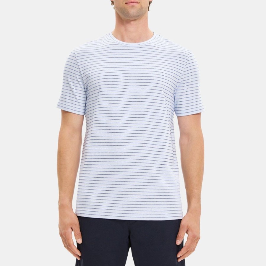 Men Theory Outlet | Clean Short-Sleeve Tee In Striped Cotton Opal/Eclipse