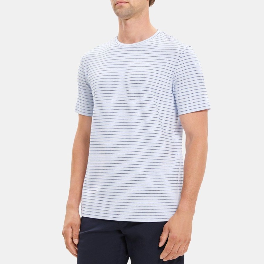 Men Theory Outlet | Clean Short-Sleeve Tee In Striped Cotton Opal/Eclipse