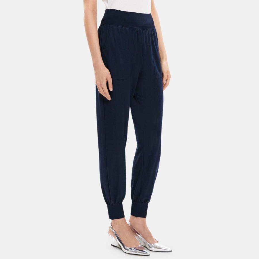 Women Theory Outlet | Cropped Jogger Pant In Viscose-Blend Pique Deep Navy