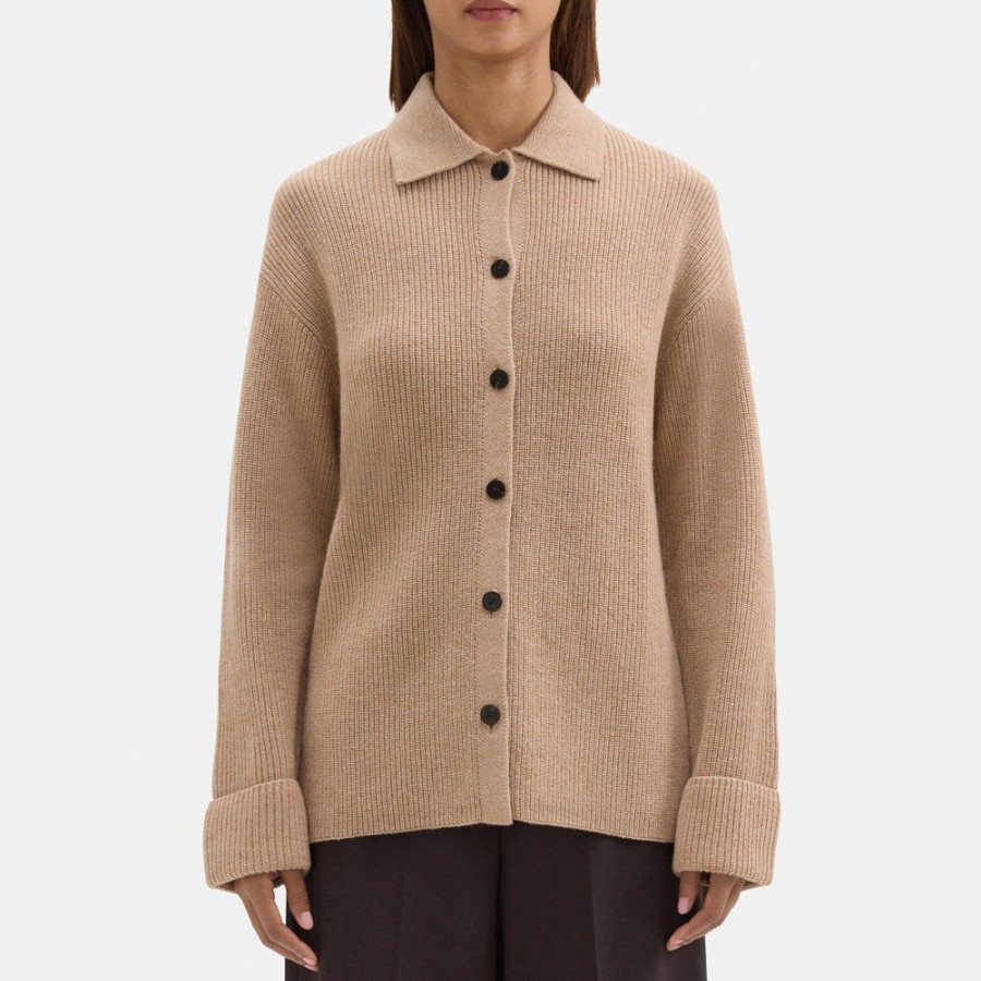 Women Theory Outlet | Polo Cardigan In Wool-Cashmere Camel