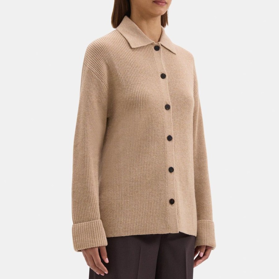 Women Theory Outlet | Polo Cardigan In Wool-Cashmere Camel