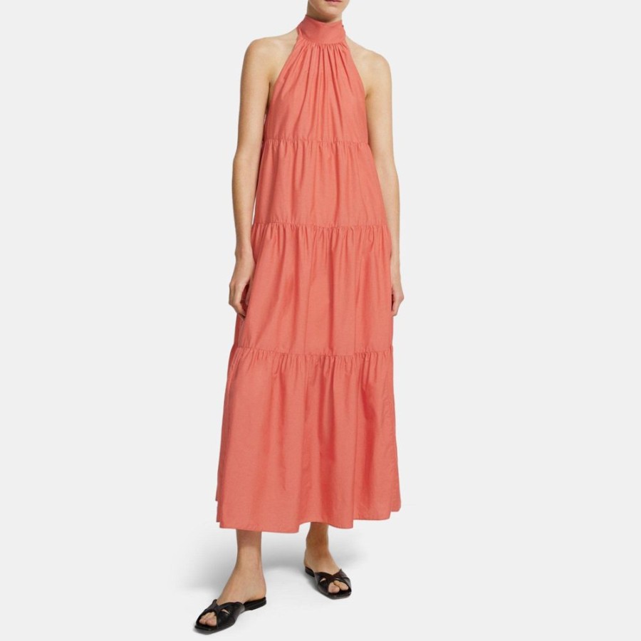 Women Theory Outlet | Tiered Halter Maxi Dress In Cotton Blend Pink Coral