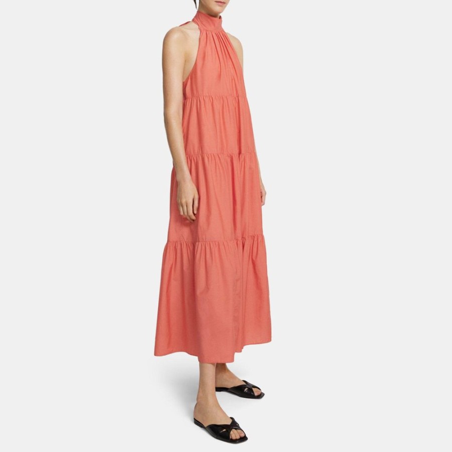 Women Theory Outlet | Tiered Halter Maxi Dress In Cotton Blend Pink Coral