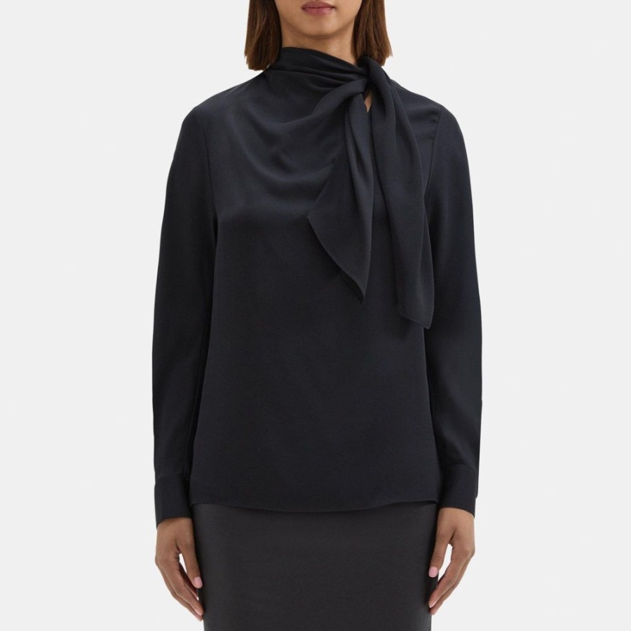 Women Theory Outlet | Twisted Scarf Blouse In Silk Georgette Black