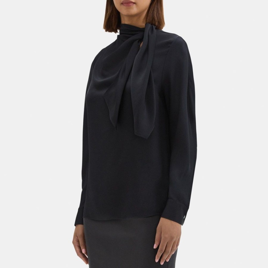 Women Theory Outlet | Twisted Scarf Blouse In Silk Georgette Black