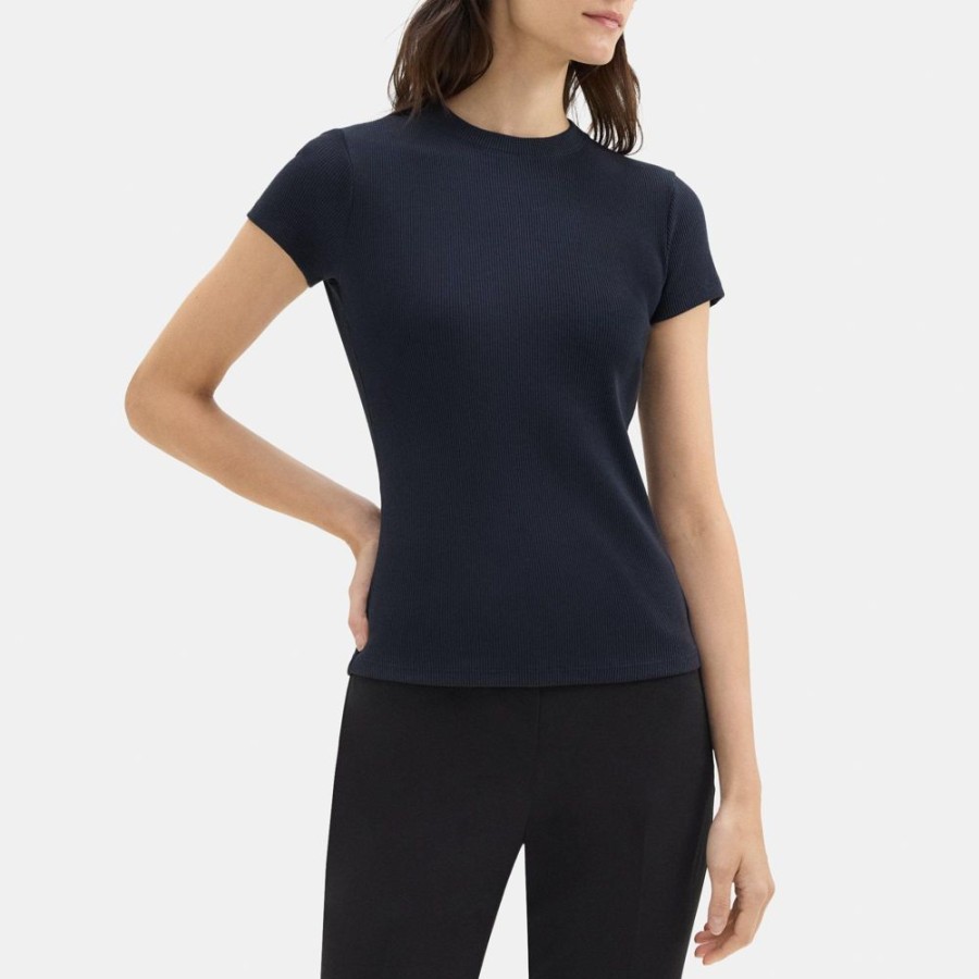 Women Theory Outlet | Tiny Tee In Ribbed Modal Cotton Deep Navy