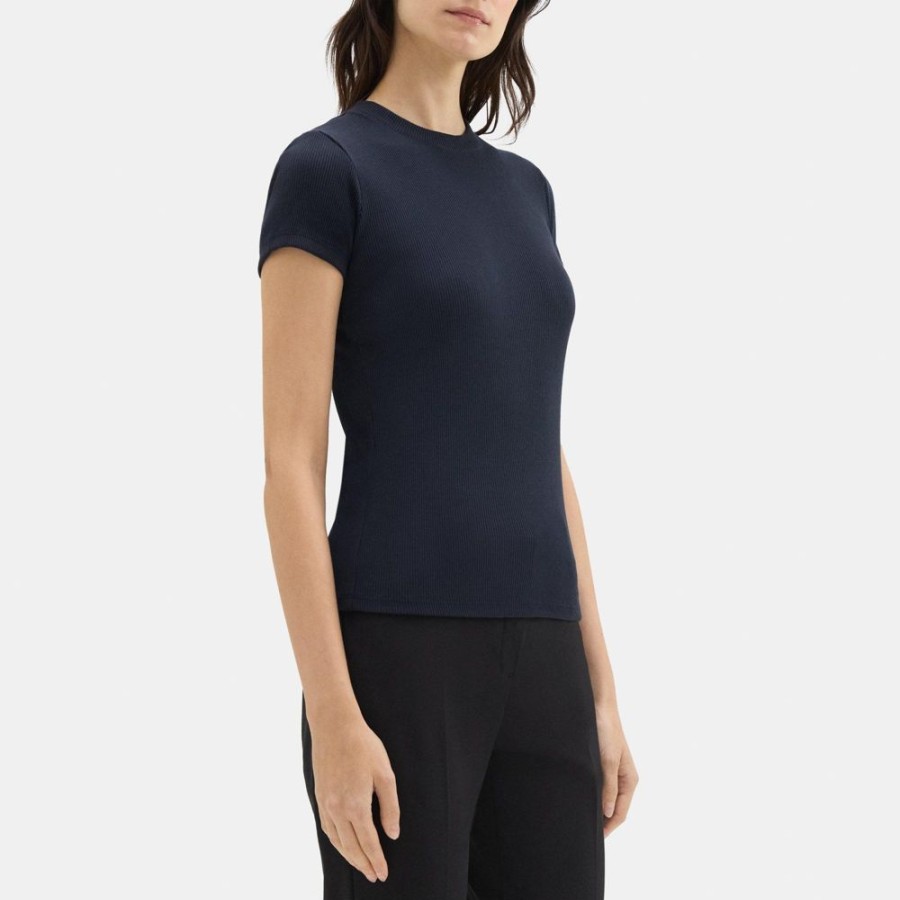 Women Theory Outlet | Tiny Tee In Ribbed Modal Cotton Deep Navy