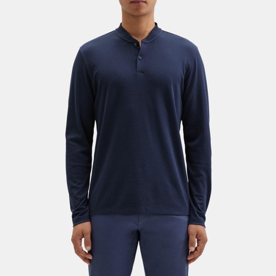 Men Theory Outlet | Long-Sleeve Henley In Cotton-Blend Pique Eclipse