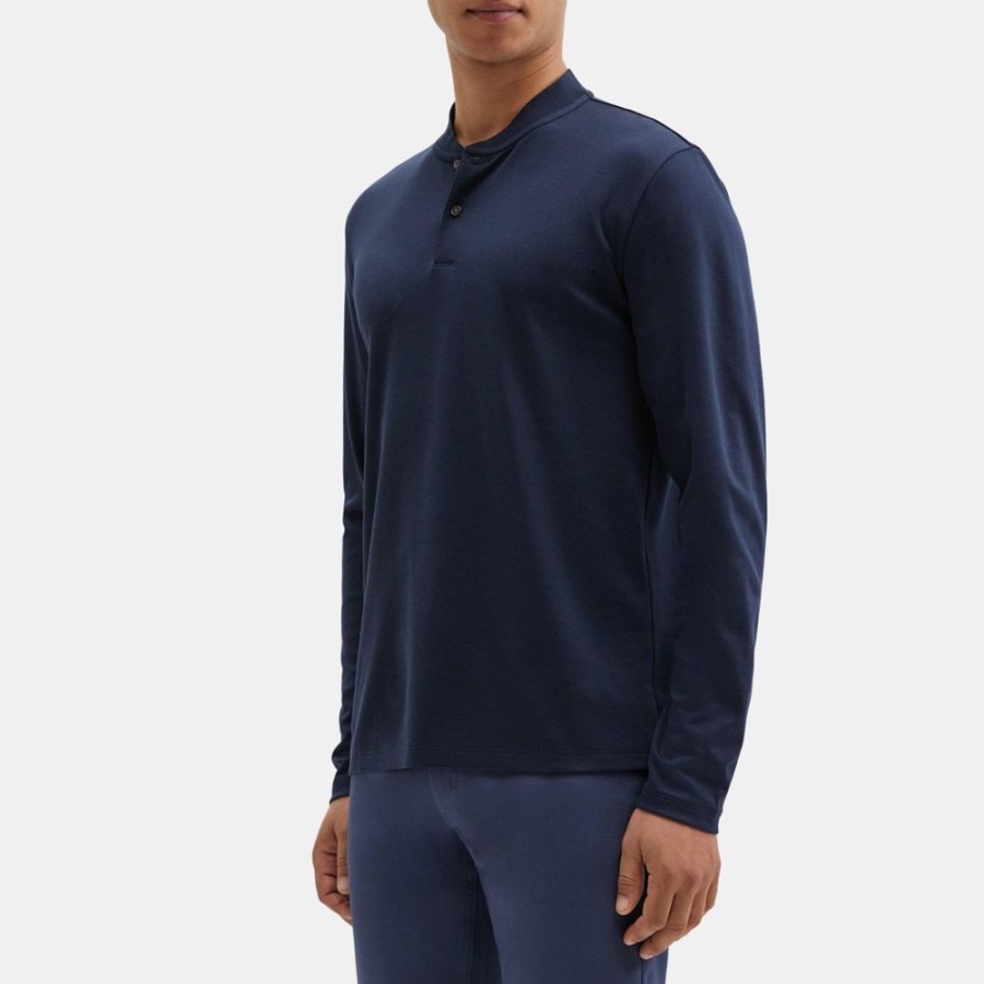 Men Theory Outlet | Long-Sleeve Henley In Cotton-Blend Pique Eclipse