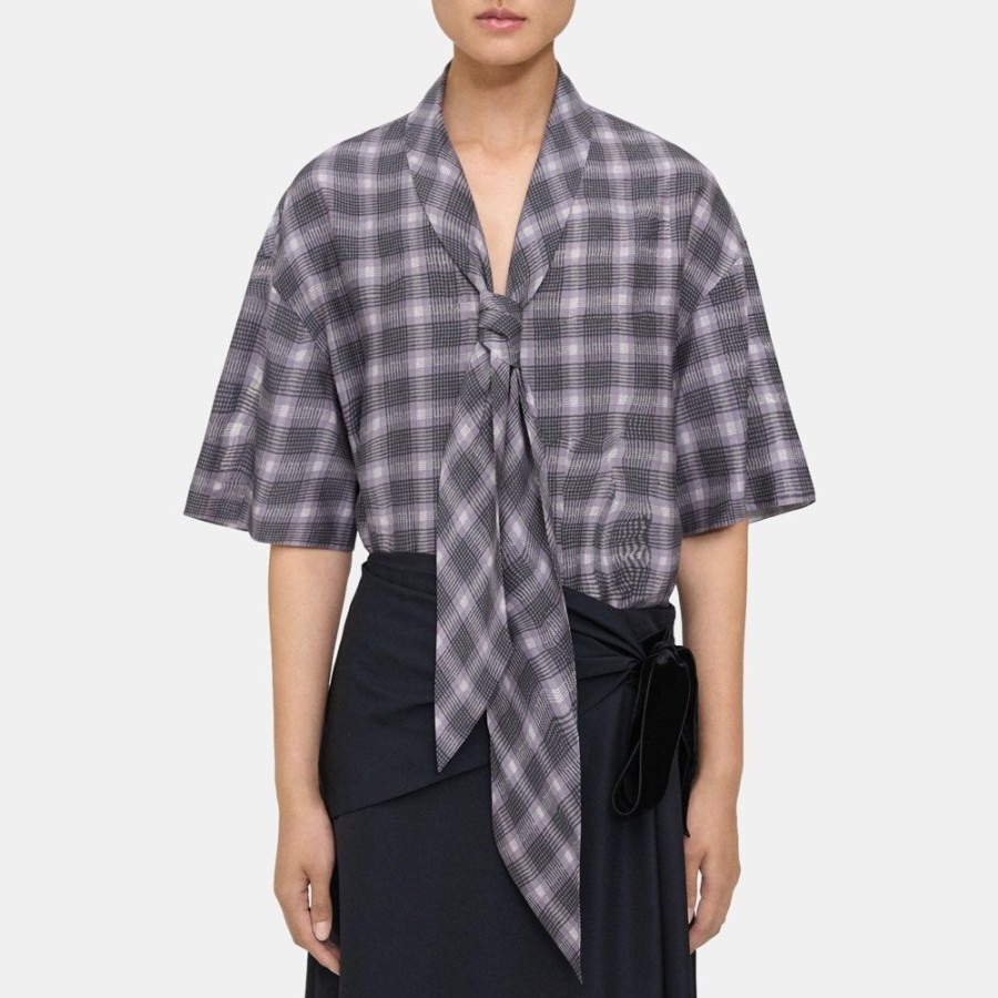 Women Theory Outlet | Wrinkle Check Tie-Neck Shirt Grey Multi