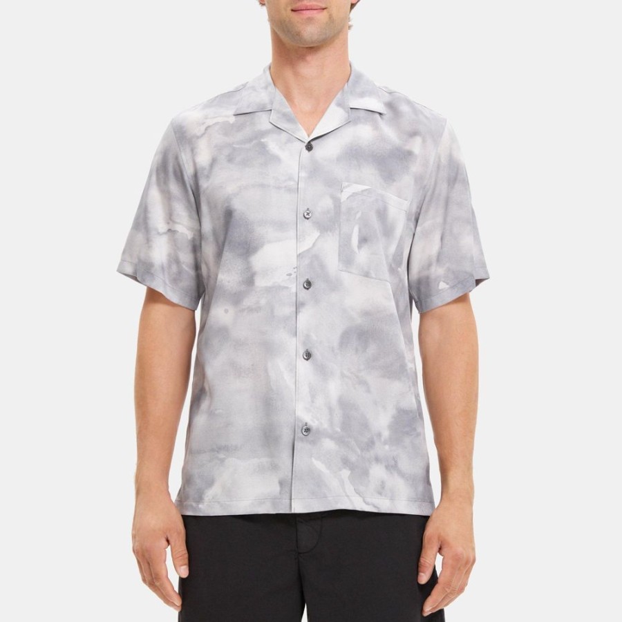 Men Theory Outlet | Short-Sleeve Shirt In Cloud Print Lyocell Grey Multi