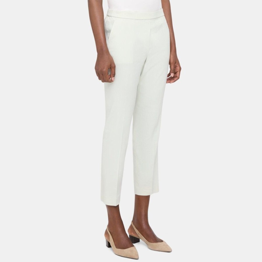 Women Theory Outlet | Slim Cropped Pull-On Pant In Linen-Blend Aloe