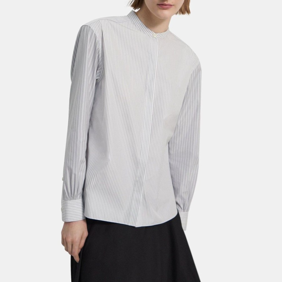 Women Theory Outlet | Striped Cotton Band-Collar Shirt Grey Multi