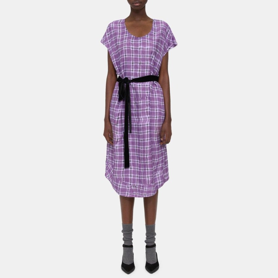 Women Theory Outlet | Belted Dress In Silk-Viscose Check Plum Multi