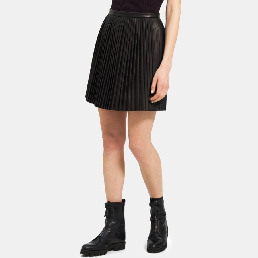 Women Theory Outlet | Pleat Mini Skirt In Leather Black