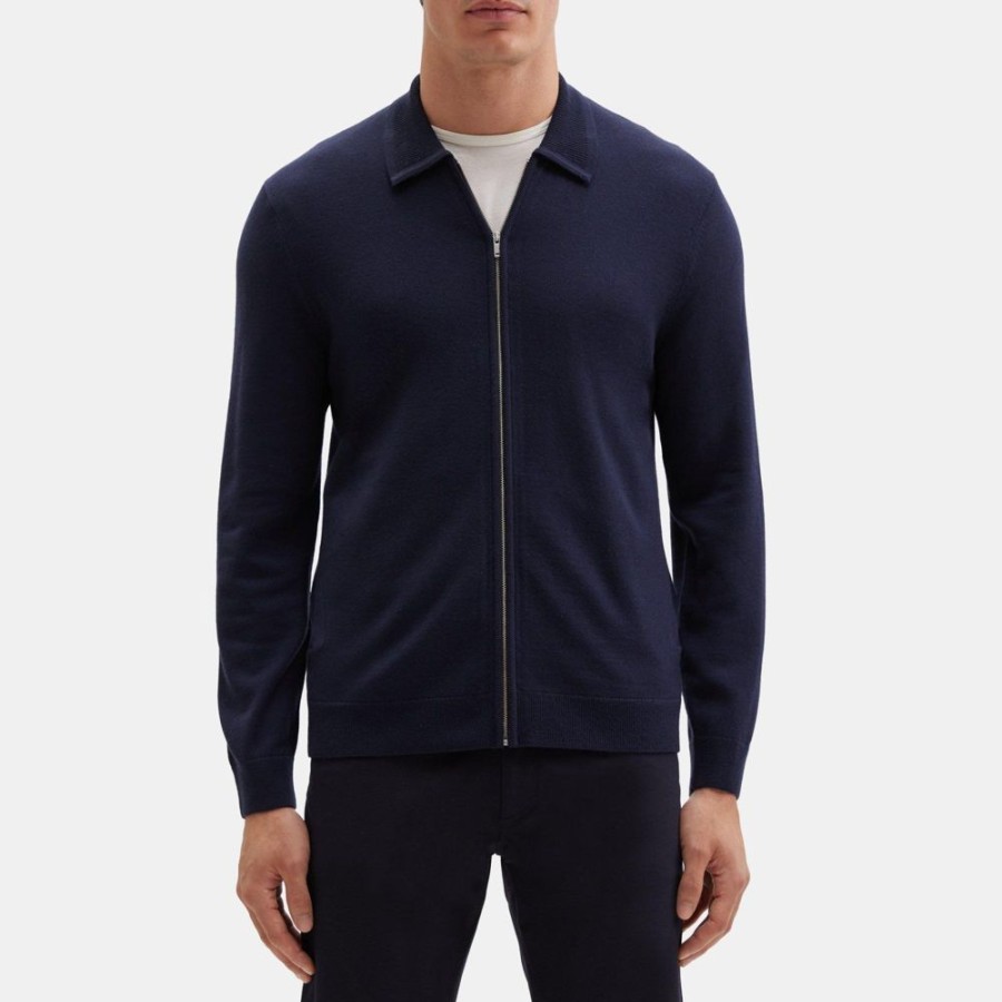 Men Theory Outlet | Zip-Up Sweater Shirt In Merino Wool Marina