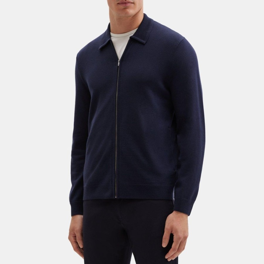 Men Theory Outlet | Zip-Up Sweater Shirt In Merino Wool Marina