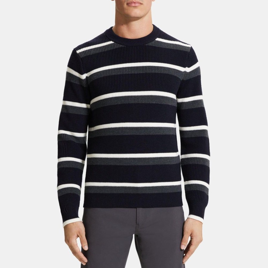 Men Theory Outlet | Striped Crewneck Sweater In Merino Wool Baltic Multi