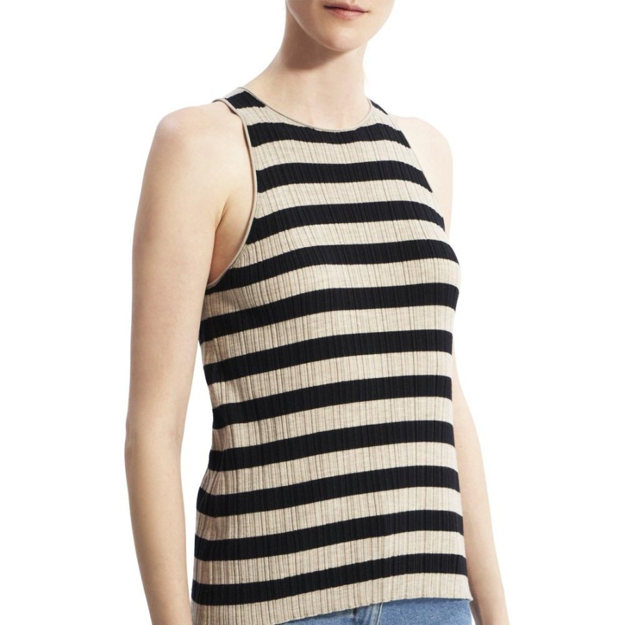 Women Theory Outlet | Striped Tank Top In Merino Wool Classic Khaki/Deep Navy