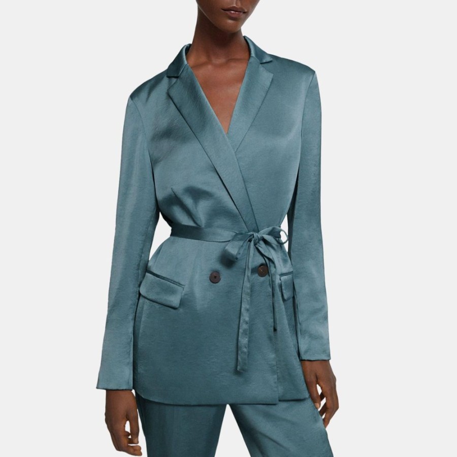 Women Theory Outlet | Belted Double-Breasted Blazer In Crushed Satin Seafoam