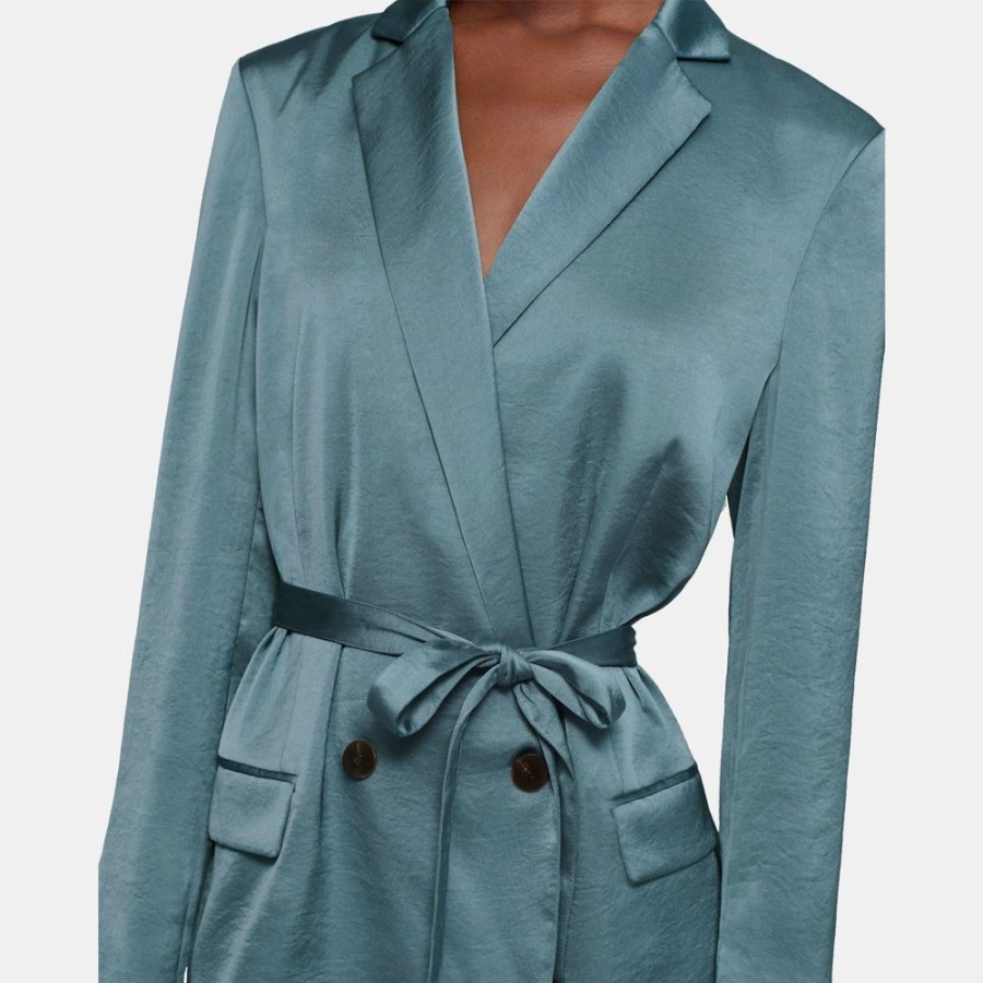 Women Theory Outlet | Belted Double-Breasted Blazer In Crushed Satin Seafoam