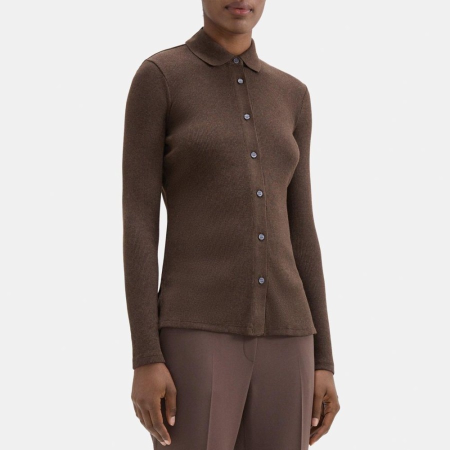 Women Theory Outlet | Slim Fit Shirt In Ribbed Modal Cotton Brownstone Mel