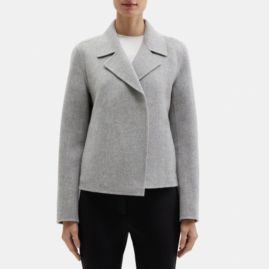 Women Theory Outlet | Cropped Open Front Jacket In Double-Face Wool-Cashmere Grey Melange