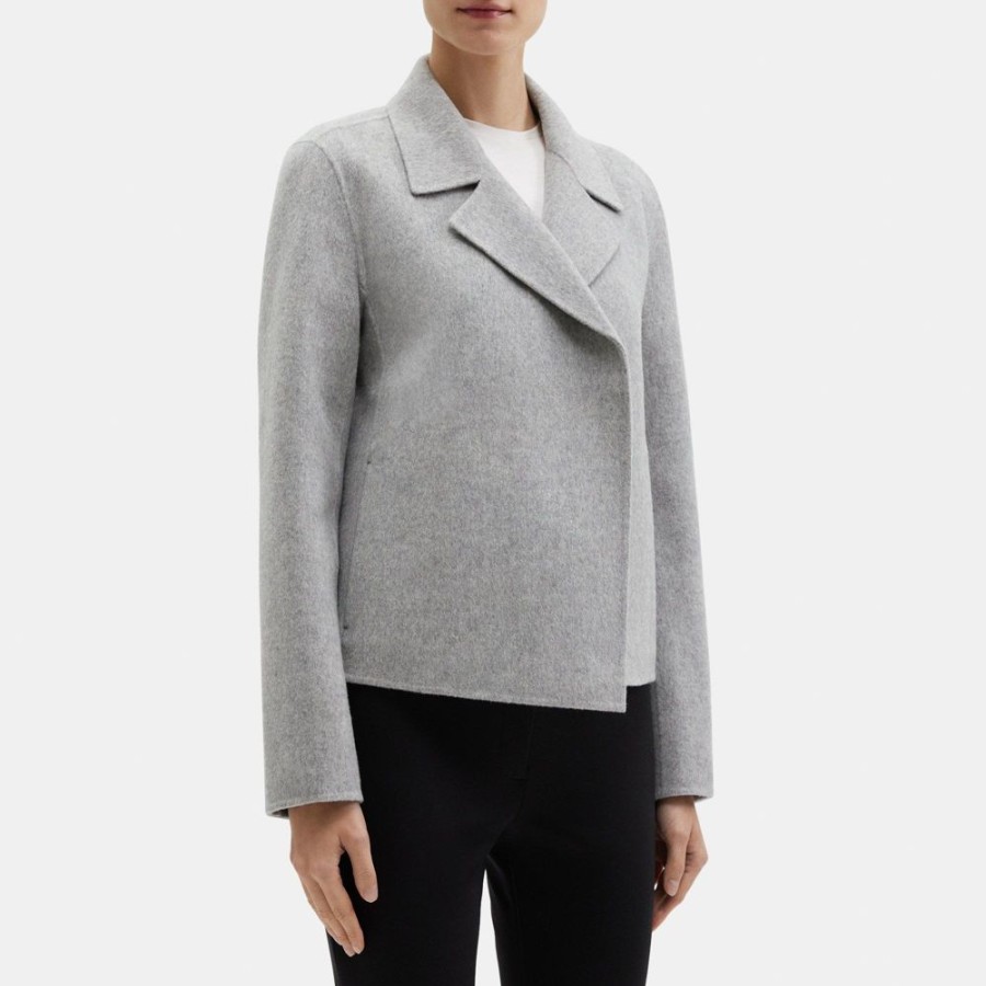 Women Theory Outlet | Cropped Open Front Jacket In Double-Face Wool-Cashmere Grey Melange