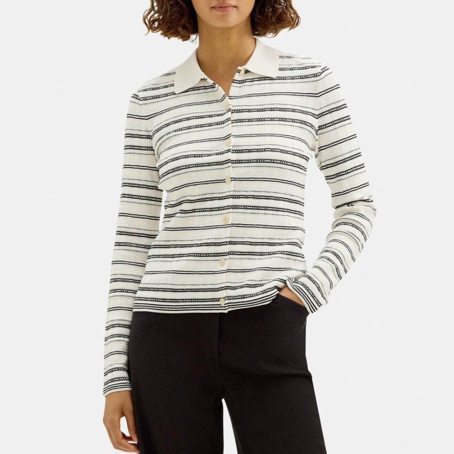 Women Theory Outlet | Striped Polo Cardigan In Crepe Knit Wax Multi