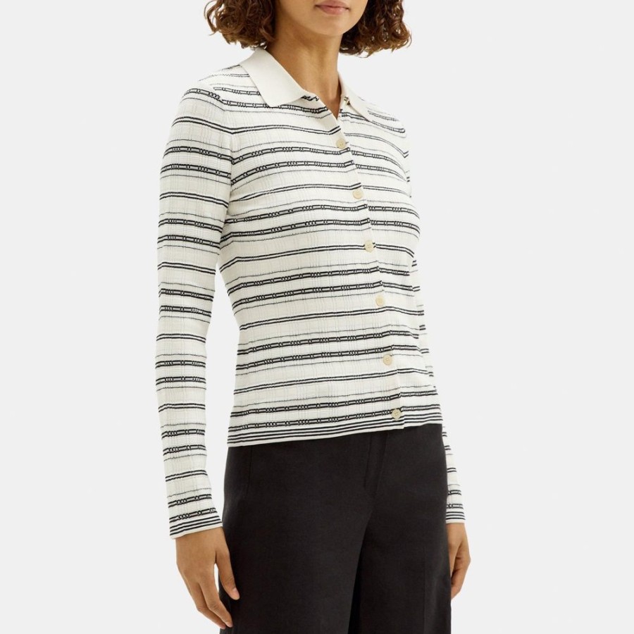 Women Theory Outlet | Striped Polo Cardigan In Crepe Knit Wax Multi