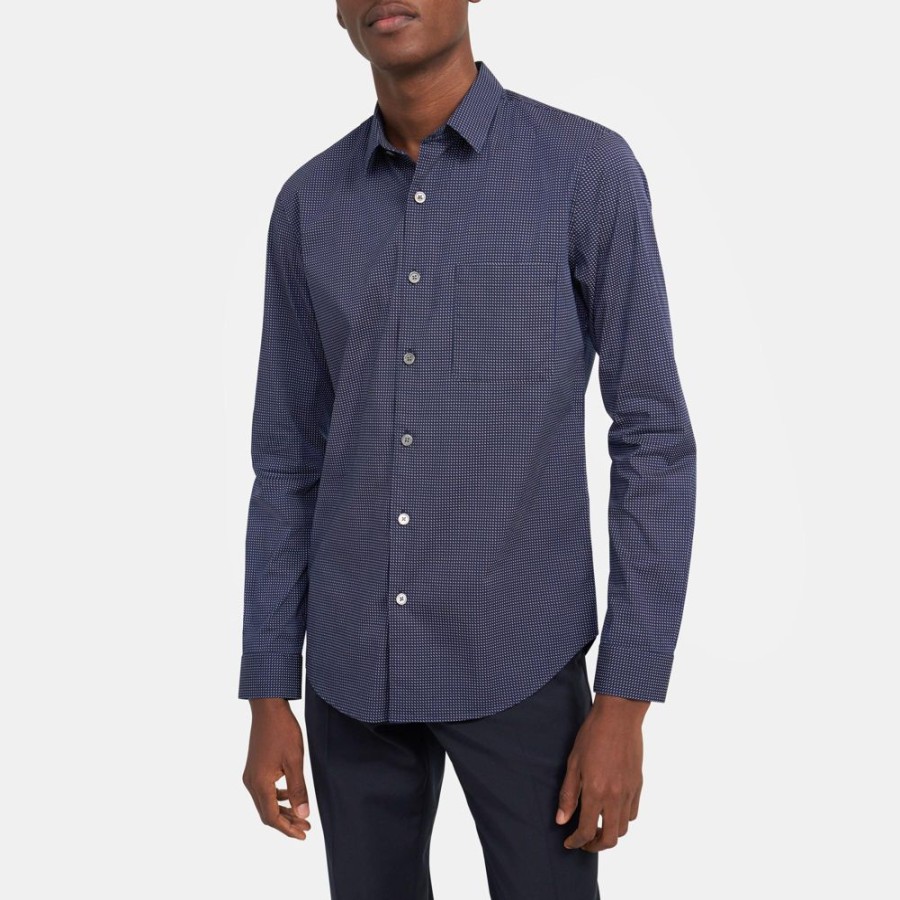 Men Theory Outlet | Long-Sleeve Shirt In Dot Print Cotton Navy Multi