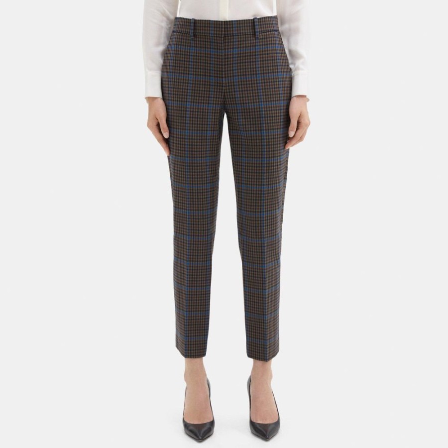 Women Theory Outlet | Classic Crop Pant In Windowpane Wool-Blend Khaki Multi