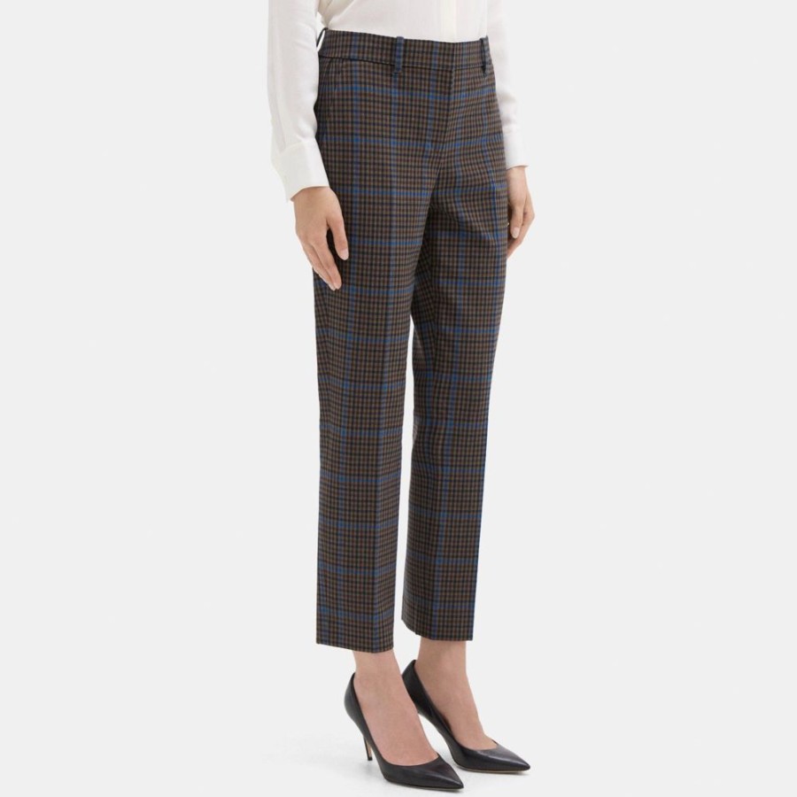 Women Theory Outlet | Classic Crop Pant In Windowpane Wool-Blend Khaki Multi