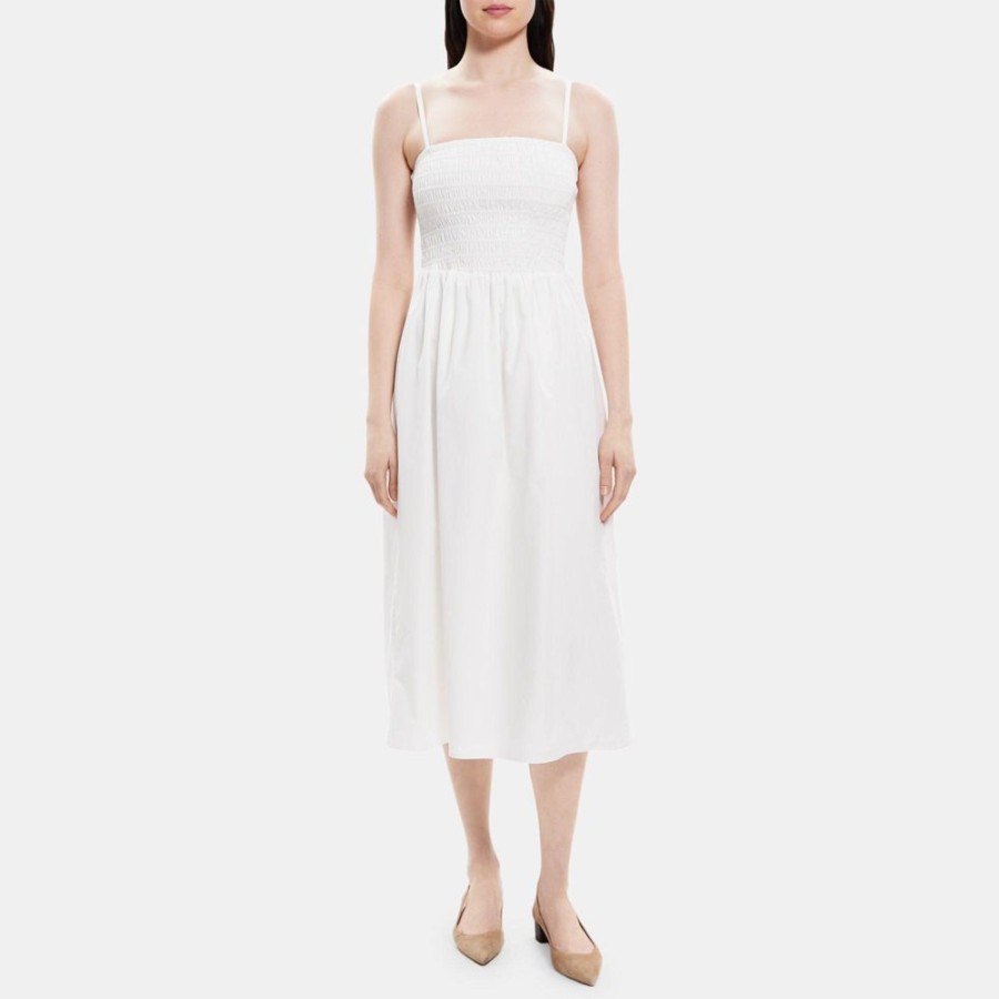 Women Theory Outlet | Smocked Midi Dress In Cotton Poplin White