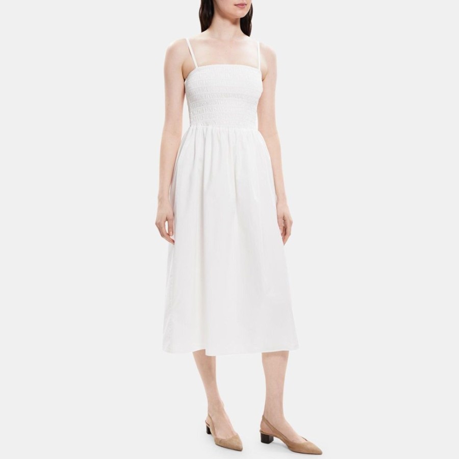 Women Theory Outlet | Smocked Midi Dress In Cotton Poplin White