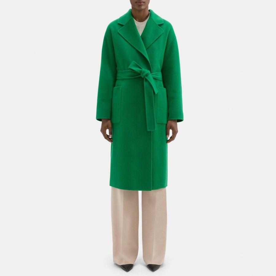 Women Theory Outlet | Robe Coat In Double-Face Wool-Cashmere Emerald