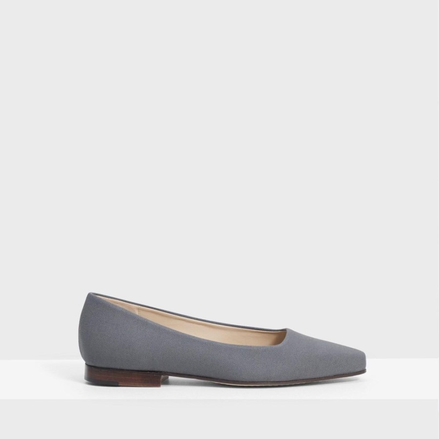 Women Theory Outlet | Square Toe Flat In Cotton Canvas Khaki Grey