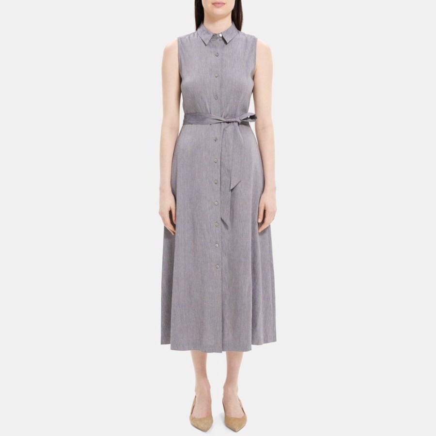 Women Theory Outlet | Sleeveless Shirt Dress In Linen-Blend Melange Denim