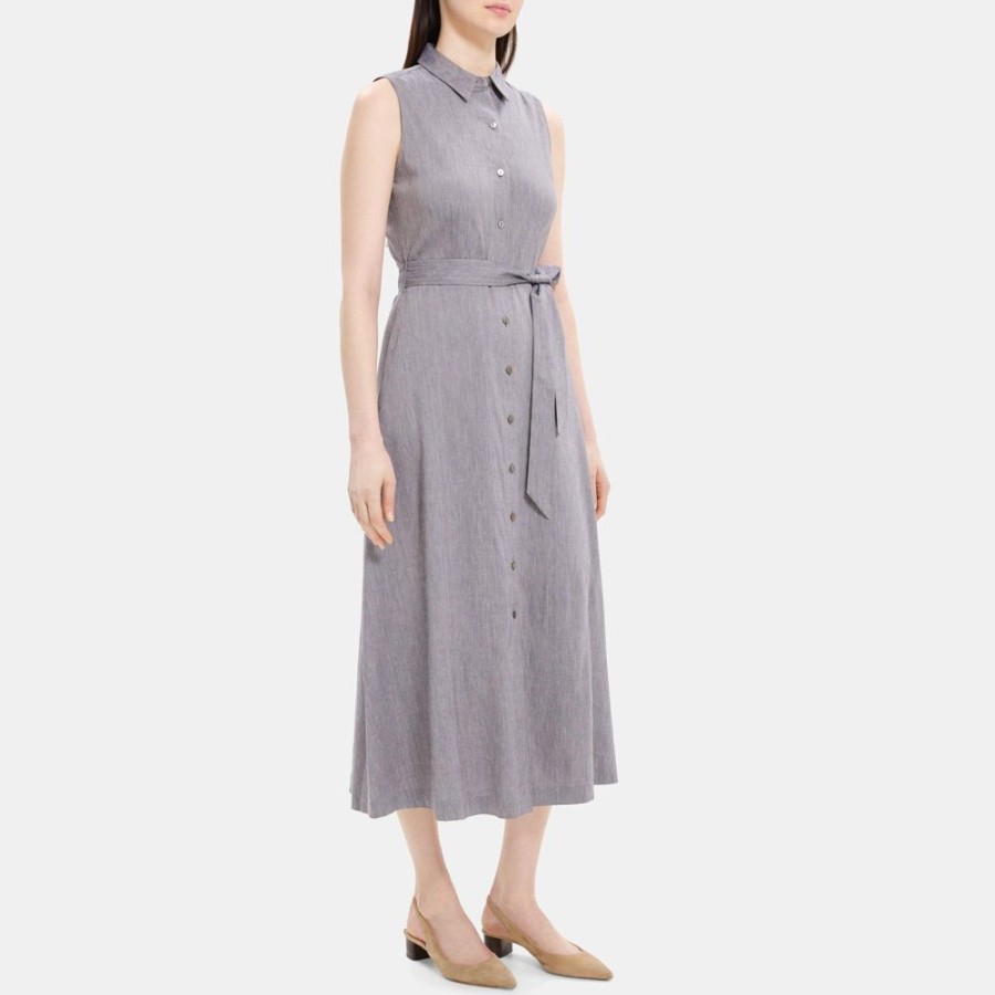 Women Theory Outlet | Sleeveless Shirt Dress In Linen-Blend Melange Denim