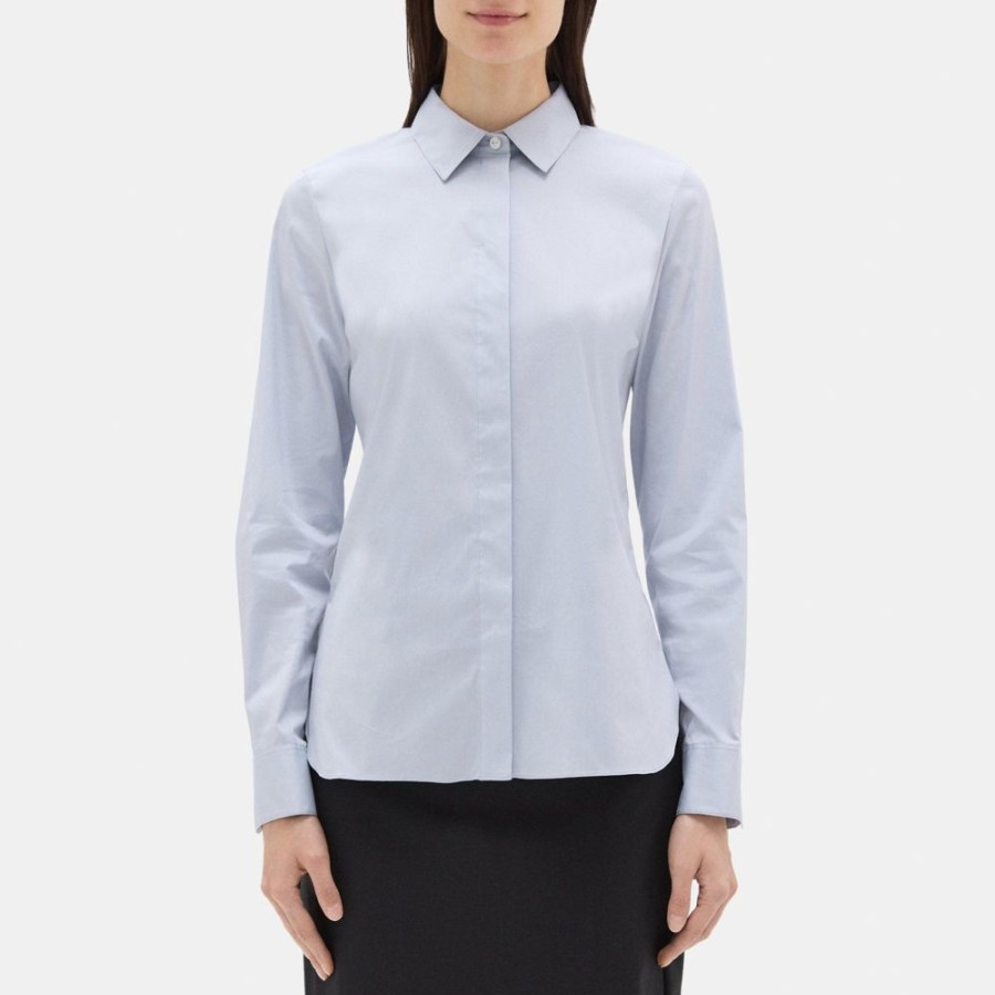 Women Theory Outlet | Fitted Shirt In Stretch Cotton Dove Blue