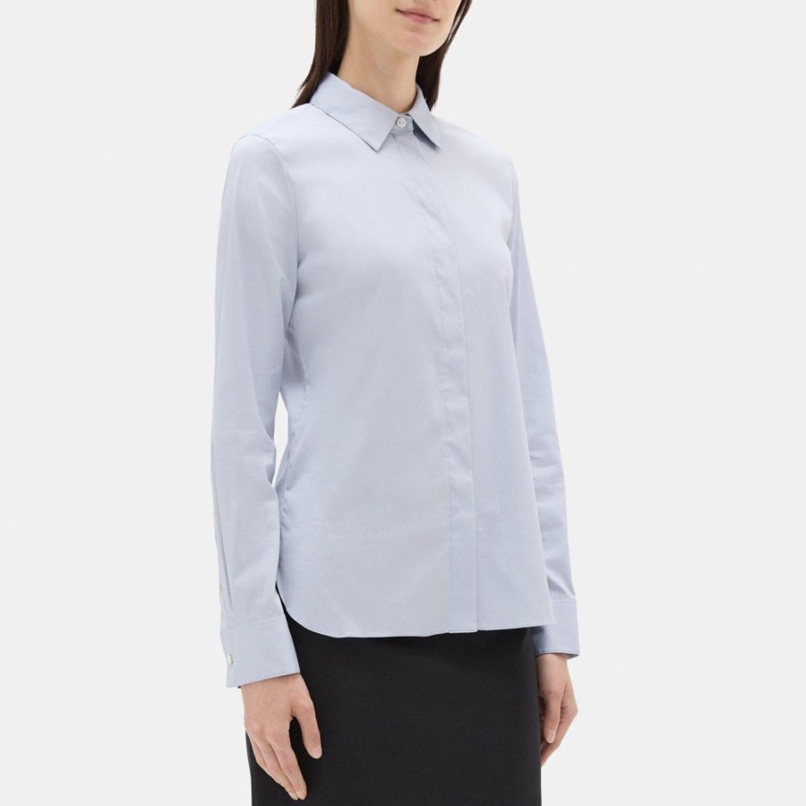 Women Theory Outlet | Fitted Shirt In Stretch Cotton Dove Blue